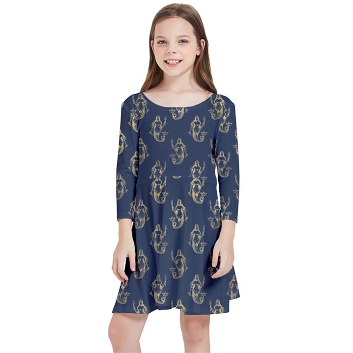 Gold Mermaids Silhouettes Kids  Quarter Sleeve Skater Dress