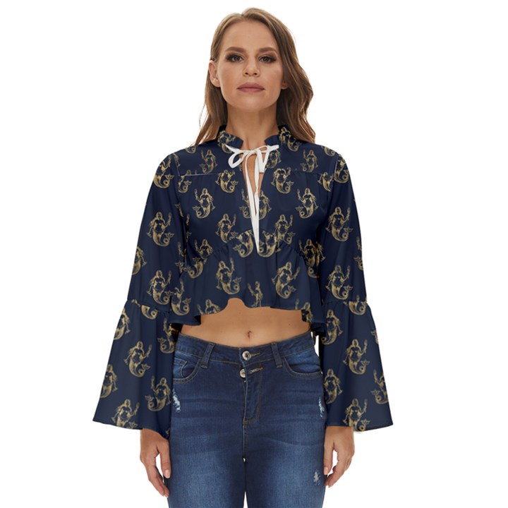 Gold Mermaids Silhouettes Boho Long Bell Sleeve Top