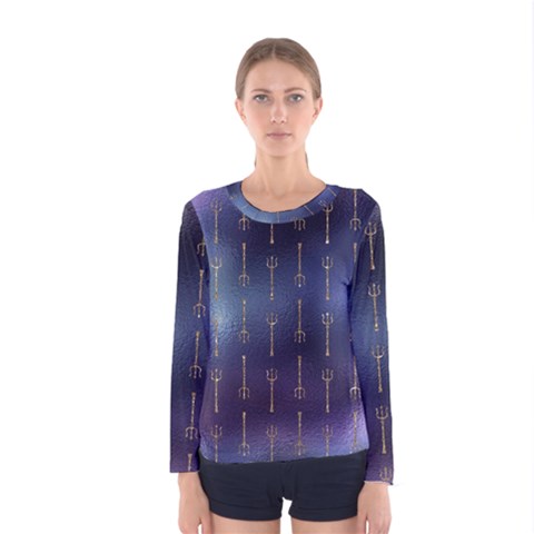 Trident On Blue Ocean  Women s Long Sleeve Tee by ConteMonfrey