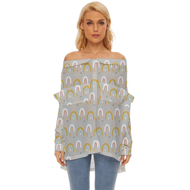 Rainbow pattern Off Shoulder Chiffon Pocket Shirt