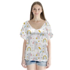 Unicorns Rainbow V-neck Flutter Sleeve Top by ConteMonfrey