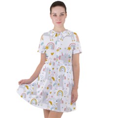 Unicorns Rainbow Short Sleeve Shoulder Cut Out Dress  by ConteMonfrey