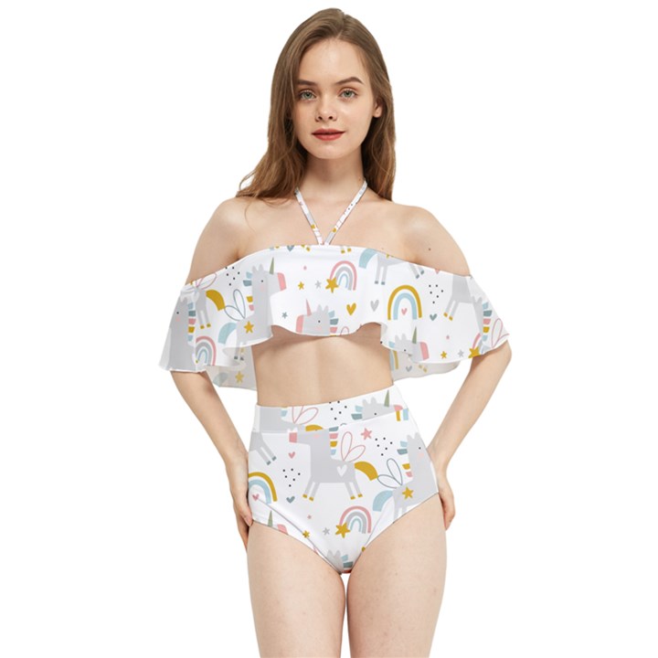 Unicorns rainbow Halter Flowy Bikini Set 