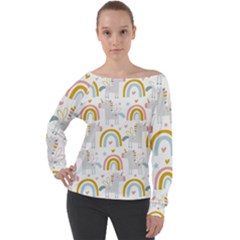 Unicorns, Hearts And Rainbows Off Shoulder Long Sleeve Velour Top by ConteMonfrey