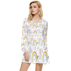 Unicorns, Hearts And Rainbows Tiered Long Sleeve Mini Dress by ConteMonfrey