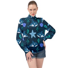 Whale And Starfish  High Neck Long Sleeve Chiffon Top by ConteMonfrey