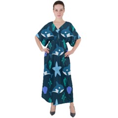 Whale And Starfish  V-neck Boho Style Maxi Dress by ConteMonfrey