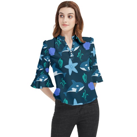 Whale And Starfish  Loose Horn Sleeve Chiffon Blouse by ConteMonfrey