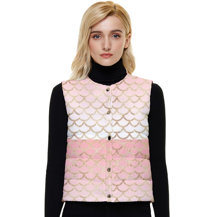 Mermaid Ombre Scales  Women s Short Button Up Puffer Vest