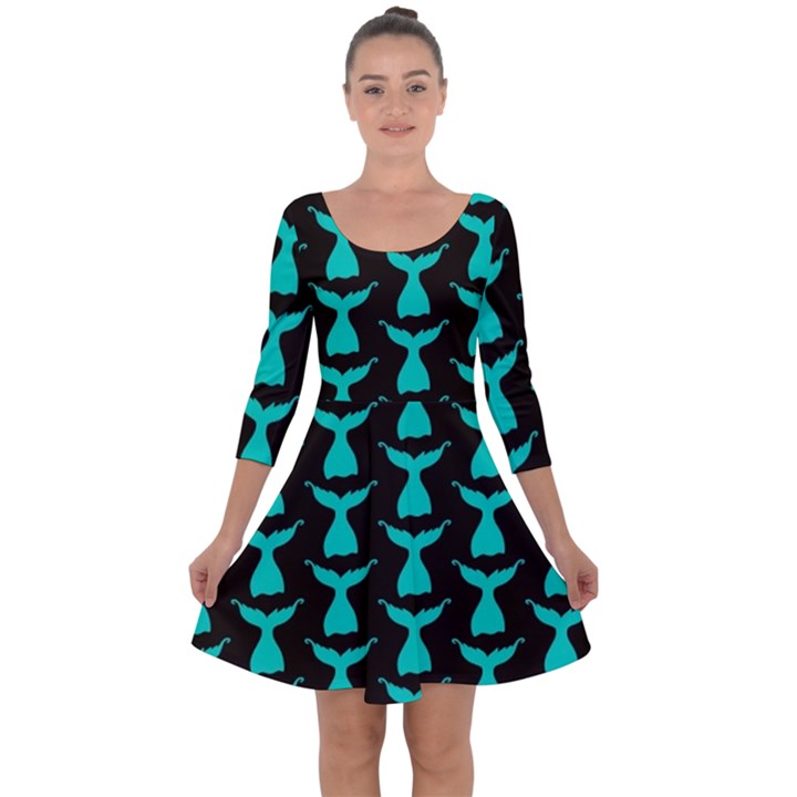 Blue Mermaid Tail Black Quarter Sleeve Skater Dress