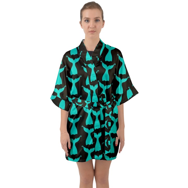 Blue Mermaid Tail Black Half Sleeve Satin Kimono 