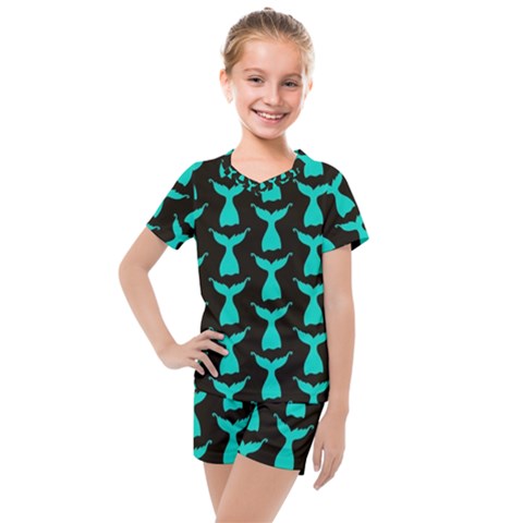 Blue Mermaid Tail Black Kids  Mesh Tee And Shorts Set by ConteMonfrey