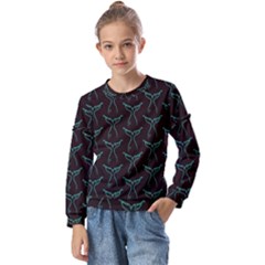 Blue Mermaid Tail Black Neon Kids  Long Sleeve Tee With Frill 