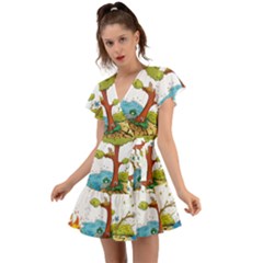 Natural Disaster Flood Earthquake Flutter Sleeve Wrap Dress