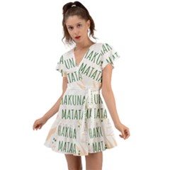 Hakuna Matata Tropical Leaves With Inspirational Quote Flutter Sleeve Wrap Dress