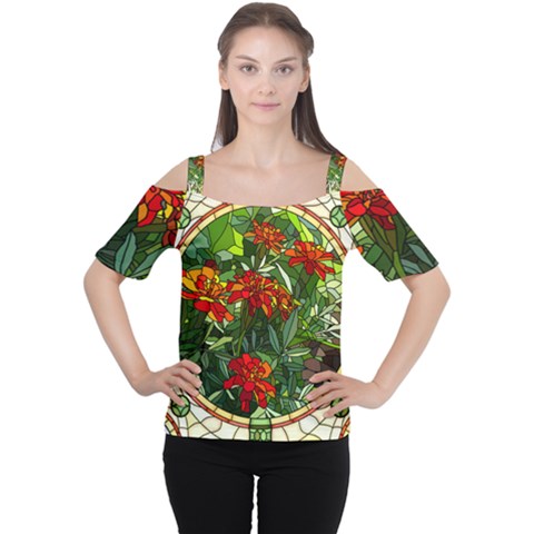 Flower Stained Glass Window Cutout Shoulder Tee by Jancukart