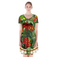 Flower Stained Glass Window Short Sleeve V-neck Flare Dress