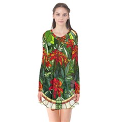 Flower Stained Glass Window Long Sleeve V-neck Flare Dress