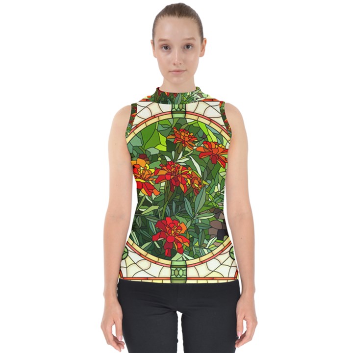 Flower Stained Glass Window Mock Neck Shell Top