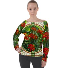 Flower Stained Glass Window Off Shoulder Long Sleeve Velour Top by Jancukart