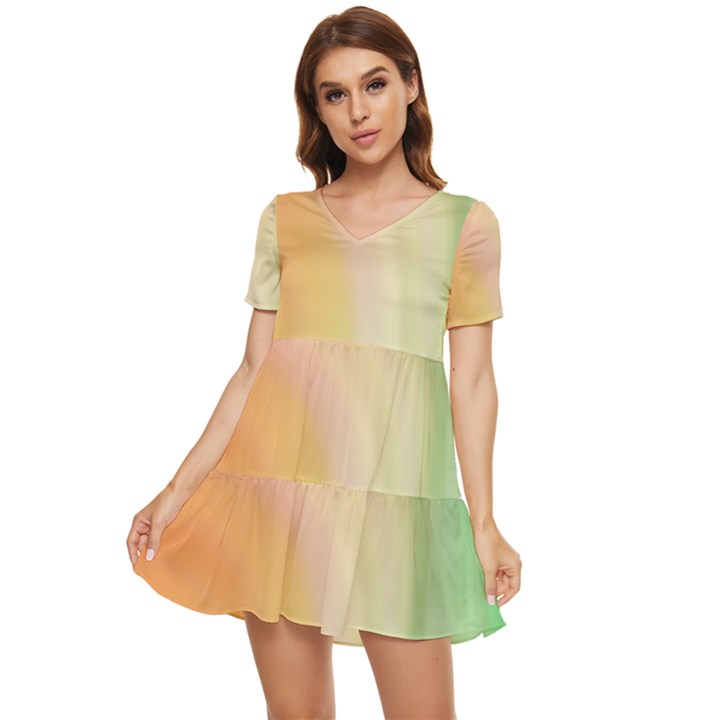 Gradient orange, green - Colors fest Tiered Short Sleeve Babydoll Dress