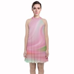 Gradient Pink Green Orange Velvet Halter Neckline Dress 