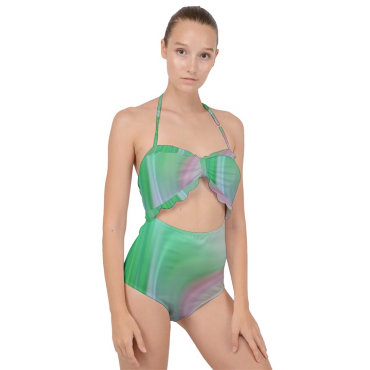 Gradient green blue Scallop Top Cut Out Swimsuit