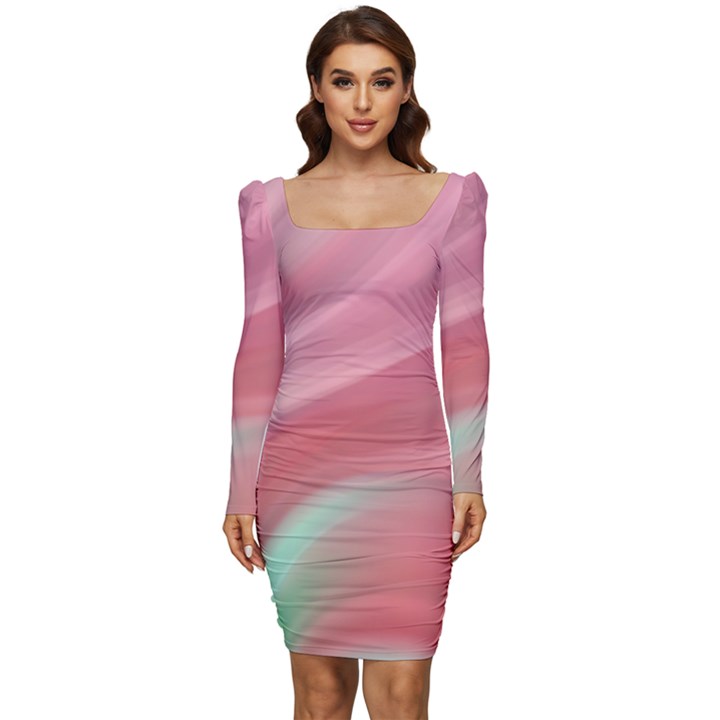 Gradient pink green Women Long Sleeve Ruched Stretch Jersey Dress