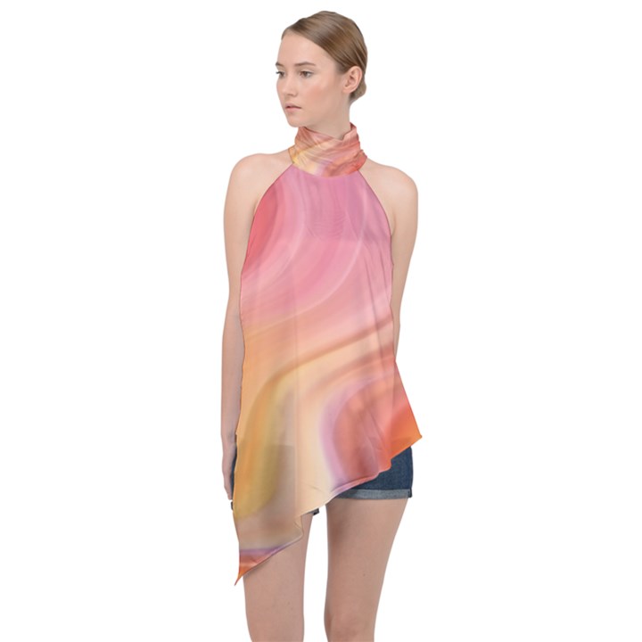 Gradient pink yellow Halter Asymmetric Satin Top