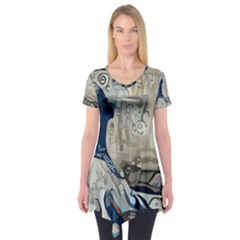 Wave Sea Ocean Splash Water Surf Foam Movement Short Sleeve Tunic  by Wegoenart