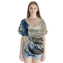 Wave Sea Ocean Splash Water Surf Foam Movement V-neck Flutter Sleeve Top by Wegoenart