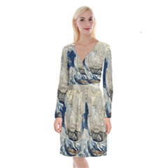 Wave Sea Ocean Splash Water Surf Foam Movement Long Sleeve Velvet Front Wrap Dress by Wegoenart