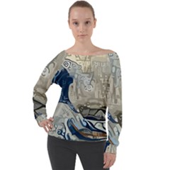 Wave Sea Ocean Splash Water Surf Foam Movement Off Shoulder Long Sleeve Velour Top by Wegoenart