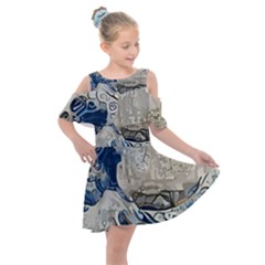 Wave Sea Ocean Splash Water Surf Foam Movement Kids  Shoulder Cutout Chiffon Dress by Wegoenart