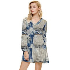 Wave Sea Ocean Splash Water Surf Foam Movement Tiered Long Sleeve Mini Dress by Wegoenart