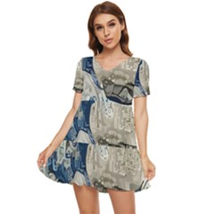 Wave Sea Ocean Splash Water Surf Foam Movement Tiered Short Sleeve Babydoll Dress by Wegoenart