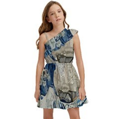 Wave Sea Ocean Splash Water Surf Foam Movement Kids  One Shoulder Party Dress by Wegoenart