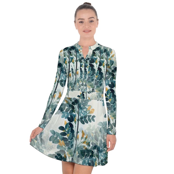 Vintage Retro Flowers Leaves Foliage Plants Long Sleeve Panel Dress