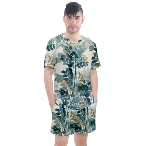 Vintage Retro Flowers Leaves Foliage Plants Men s Mesh Tee And Shorts Set by Wegoenart