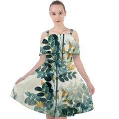 Vintage Retro Flowers Leaves Foliage Plants Cut Out Shoulders Chiffon Dress