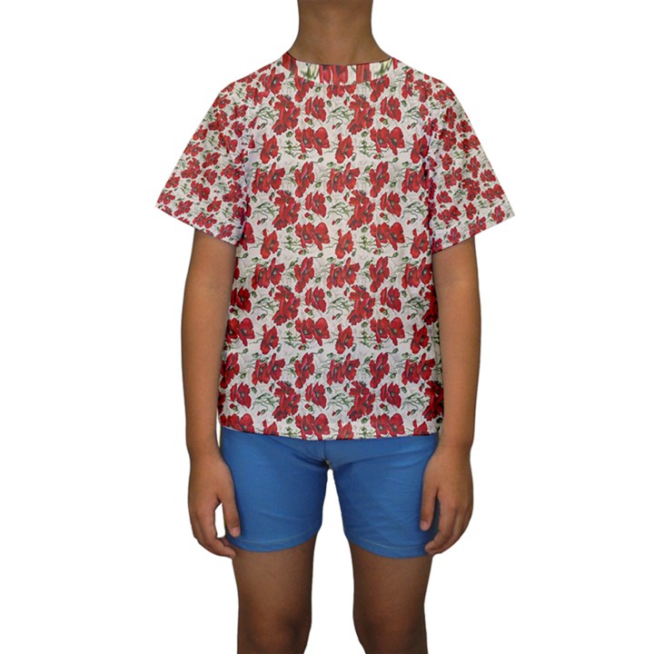 Flowers Poppies Red Kids  Short Sleeve Swimwear