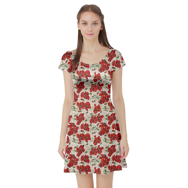 Flowers Poppies Red Short Sleeve Skater Dress