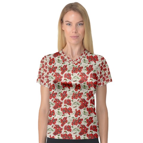 Flowers Poppies Red V-neck Sport Mesh Tee by Wegoenart