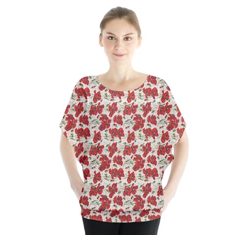 Flowers Poppies Red Batwing Chiffon Blouse by Wegoenart