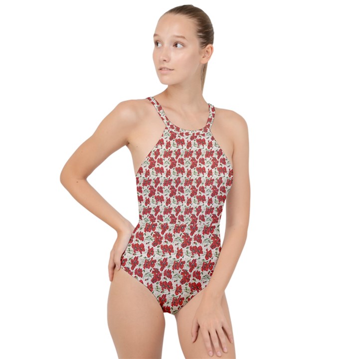 Flowers Poppies Red High Neck One Piece Swimsuit