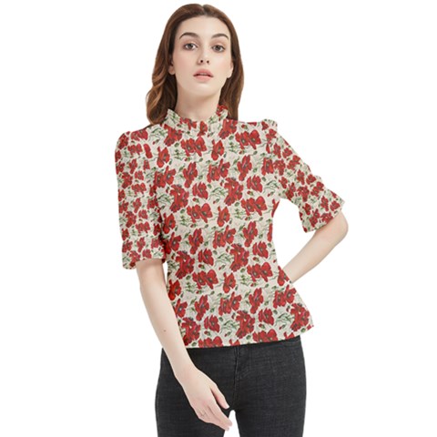 Flowers Poppies Red Frill Neck Blouse by Wegoenart