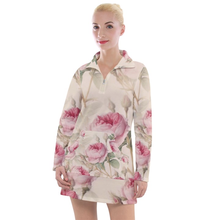 Roses Plants Vintage Retro Flowers Pattern Women s Long Sleeve Casual Dress