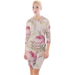 Roses Plants Vintage Retro Flowers Pattern Quarter Sleeve Hood Bodycon Dress by Wegoenart