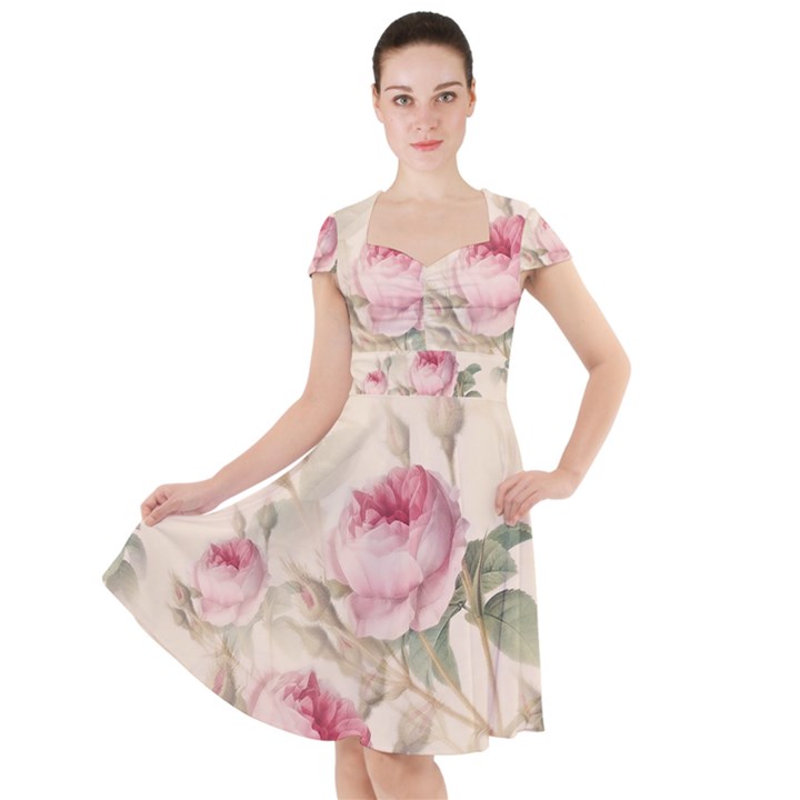 Roses Plants Vintage Retro Flowers Pattern Cap Sleeve Midi Dress