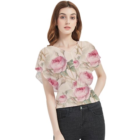 Roses Plants Vintage Retro Flowers Pattern Butterfly Chiffon Blouse by Wegoenart